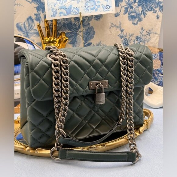 🆕 KURT GEIGER LONDON 🧿 NWOT Brixton Lock Quilted Leather Shoulder Bag, Green - Picture 10 of 16